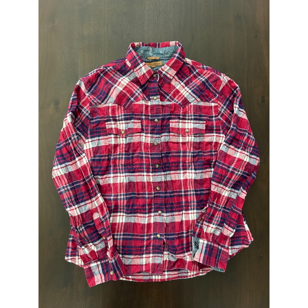 Jachs Girlfriend Red Plaid Western Snap Button Down Flannel Shirt Large Paisley